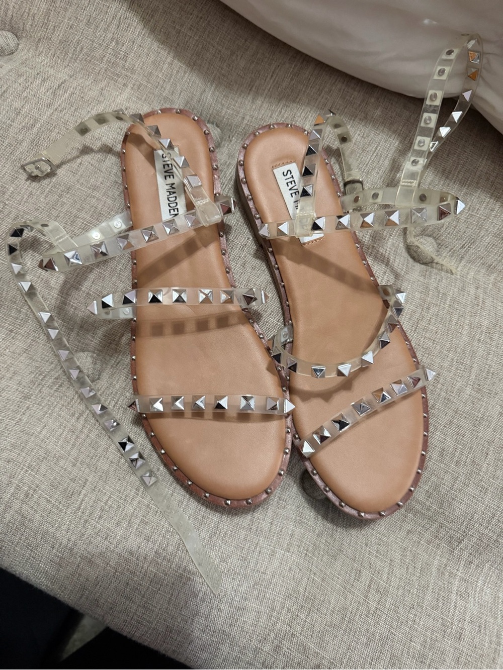 Steve Madden Clear Studded Ankle-Tie Sandals - Nude/Tan
